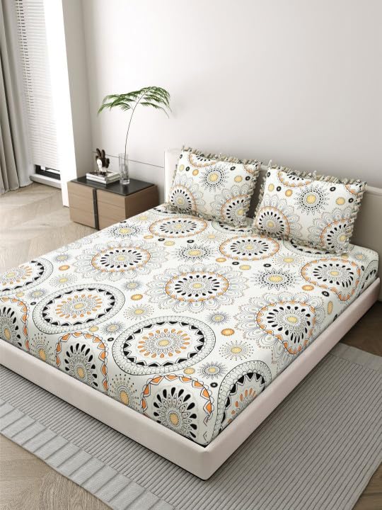 Image of 350 TC Premium Heavy Cotton Feel Elastic Fitted Bedsheet King Size with 2 Frill Pillow Covers King Size || Double Bed with All Around Elastic (White Gola, Queen)