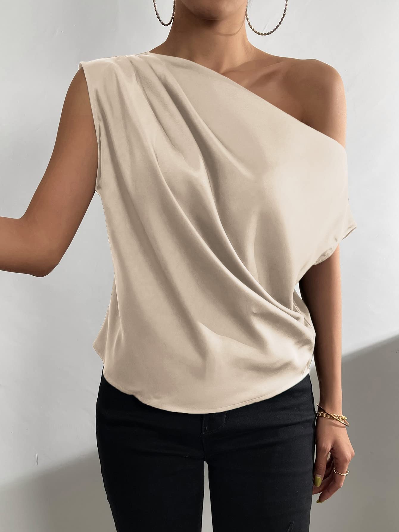 OYOANGLE Women's Satin Off The Shoulder Short Sleeve Asymmetrical Neck Ruched Work Office Blouse Top