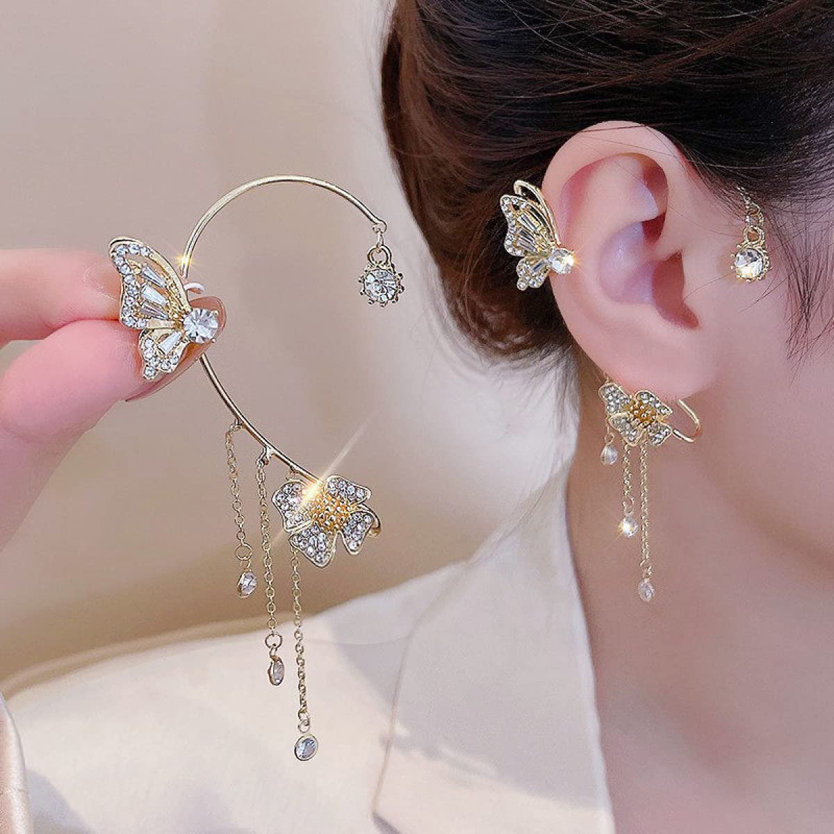 Butterfly Tassel Style Zircon Earrings, No Pierced Wraparound Butterfly Flowers Tassels Earrings,Womens Girls Jewelry Gift