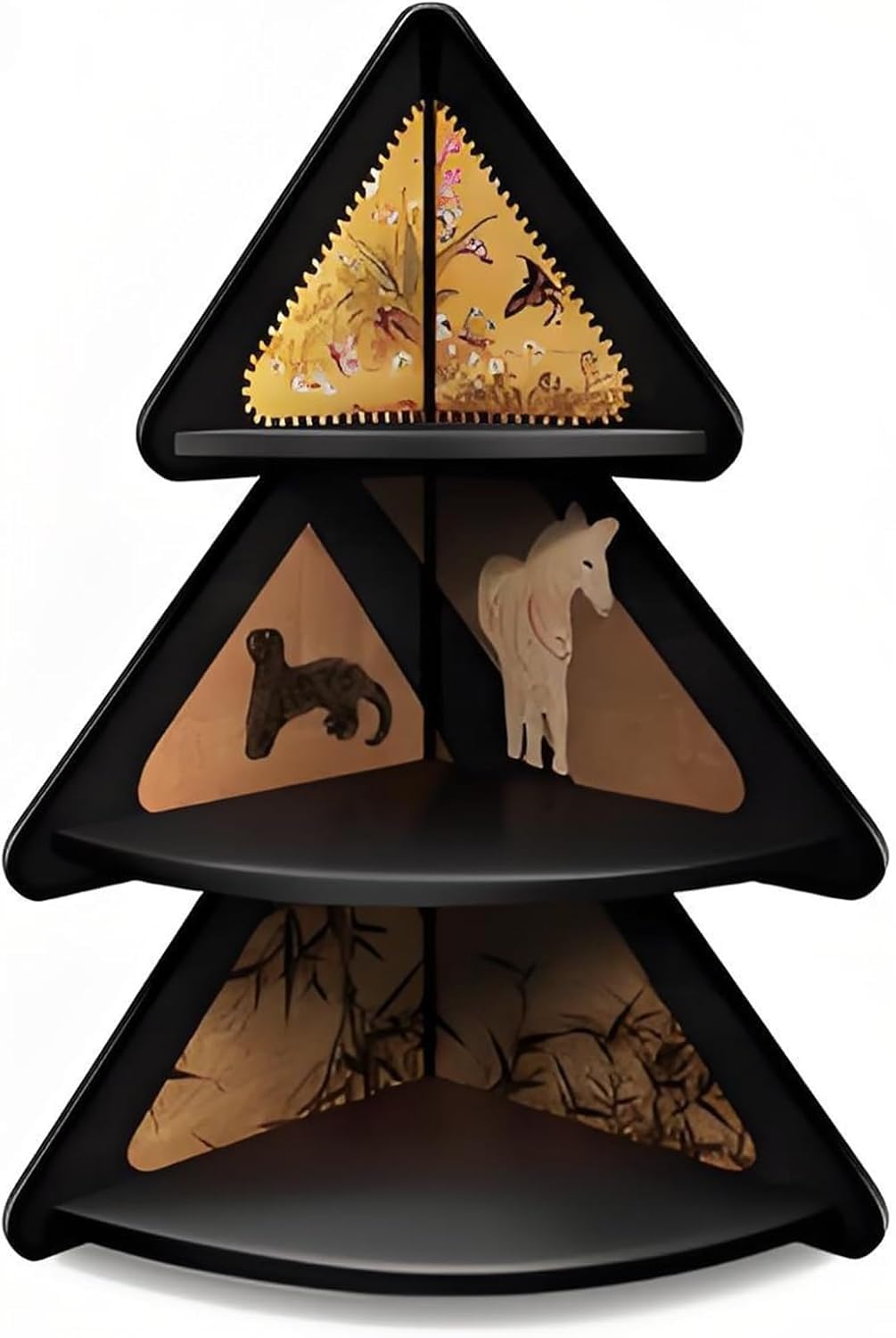 Estante triangular de almacenamiento vertical con varios niveles y diseño compacto de madera