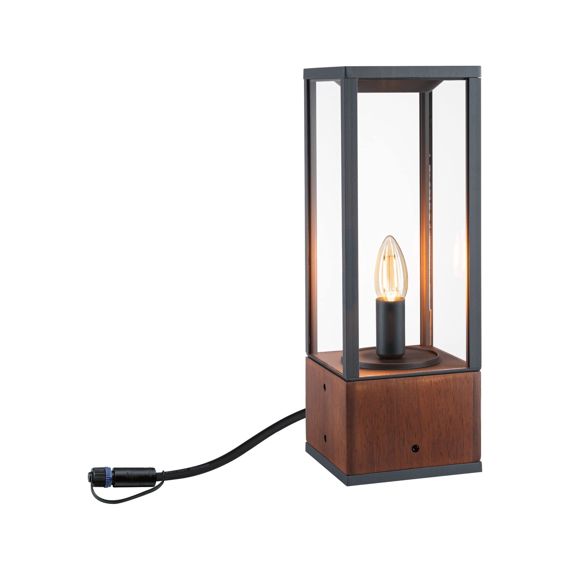 Paulmann 94673 Plug & Shine LED Außenleuchte Pollerleuchte Venea IP44 eckig incl. 1x2 Watt dimmbar Lichtobjekt Holz E14