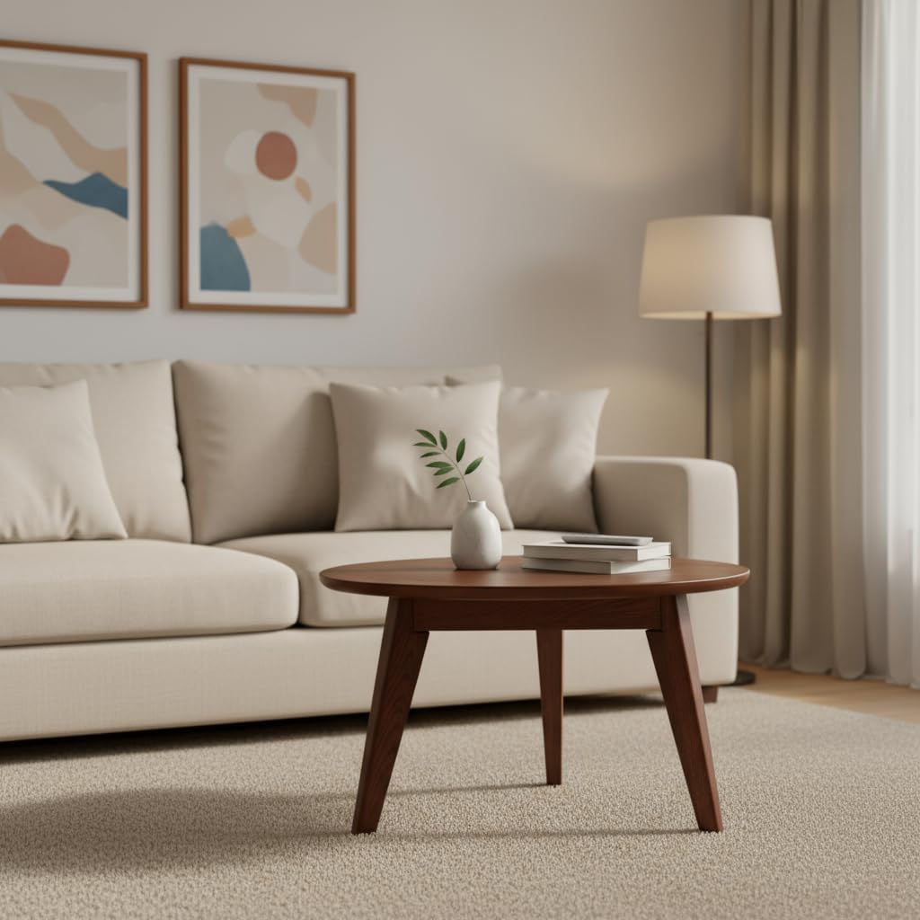 100% Solid Wood Round Coffee Table, Small Coffee Table w/Sturdy Legs, Wood Side Table for Bedroom Balcony Living Room (Walnut, 23.62" D x 13.78" H)