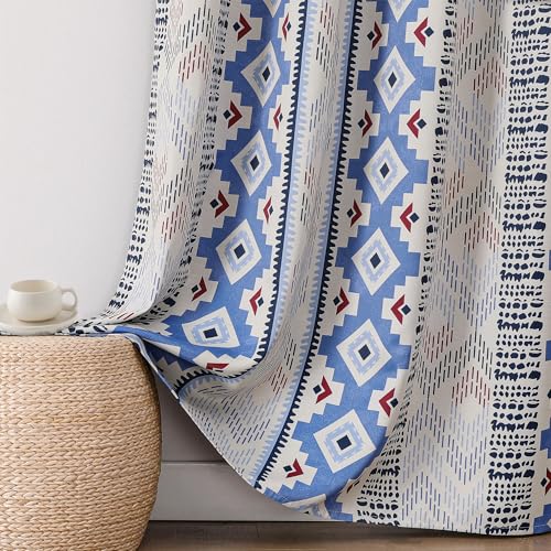 Image of XiDi 100% Blackout Blue Boho Curtains for Bedroom 84 Inches Long 2 Panels Thermal Insulated Mid Century Modern Farmhouse Blue Geometric Curtains for Living Room Grommet Window Drapes, 52Wx84L