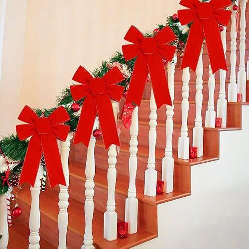 Miniatura 7 de Paquete de 10 lazos rojos decorativos para árbol de Navidad, lazo grande de terciopelo de 9 x 13 pulgadas con borde dorado con purpurina para