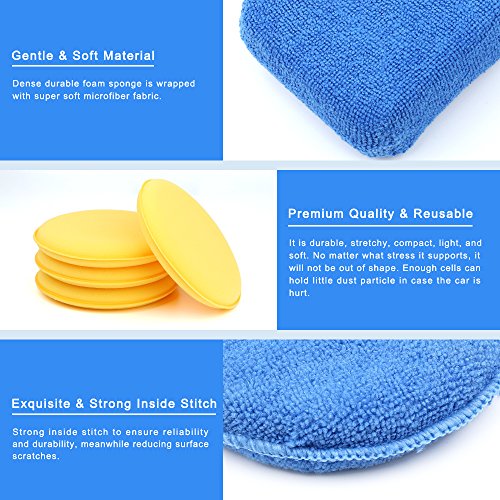 Electop 13 Pcs Car Wax Applicator Pads Kit 5 Inch Microfiber Applicator Pads Blue Rectangle Microfiber Sponge Applicators Yellow Soft Foam Waxing Pad With Grip Handle #TOP2