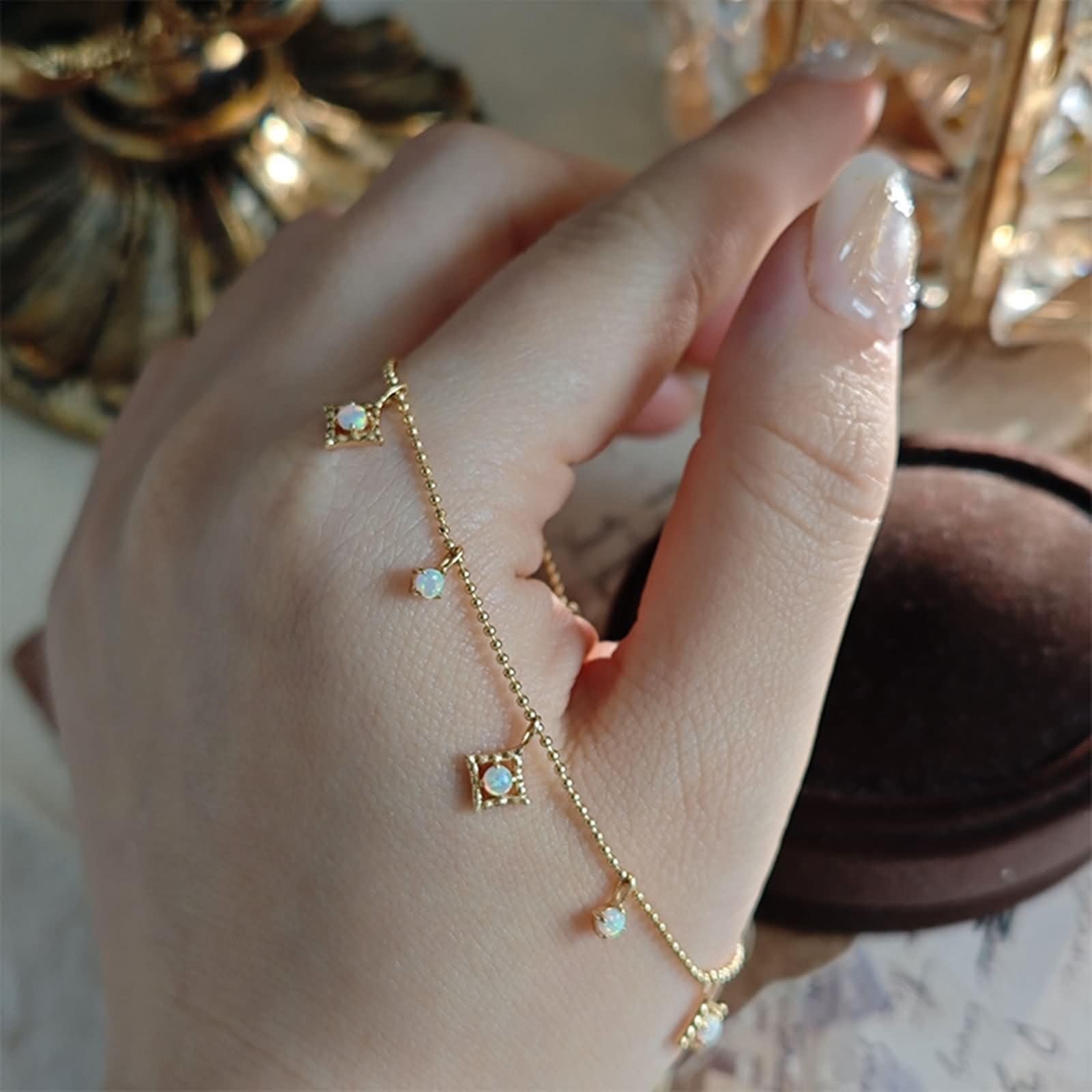 Bransoletka Au 375/585/750 żółte złoto, prawdziwe złoto, biżuteria z opalem, kształt łańcuszka | Złota bransoletka 9K/14K/18K