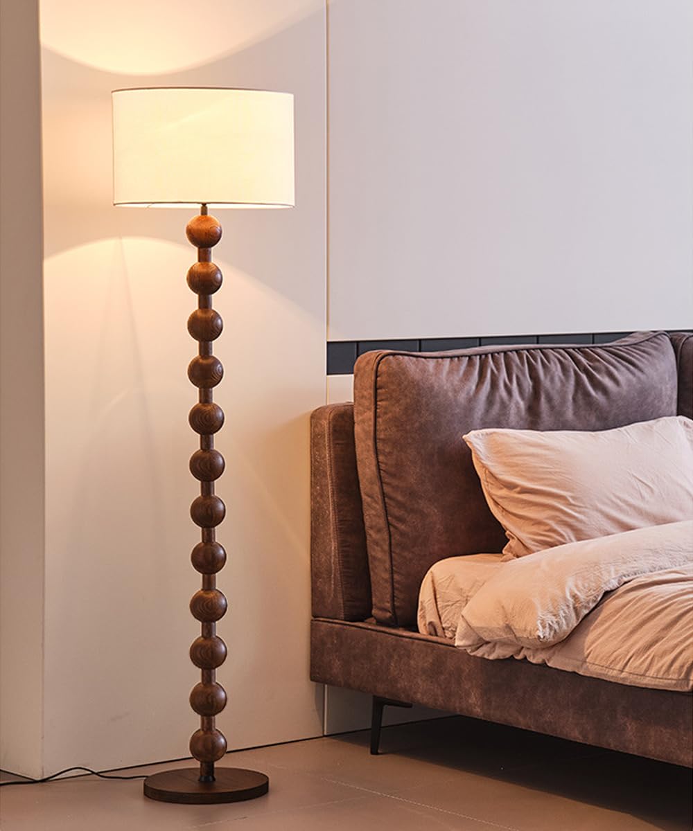 Okrągła drewniana lampa podłogowa w stylu połowy wieku, 160 cm, z lnu z diodami LED E26, możliwość ściemniania, z tkaniny, idealna do czytelni, biura, salonu lub sypialni.
