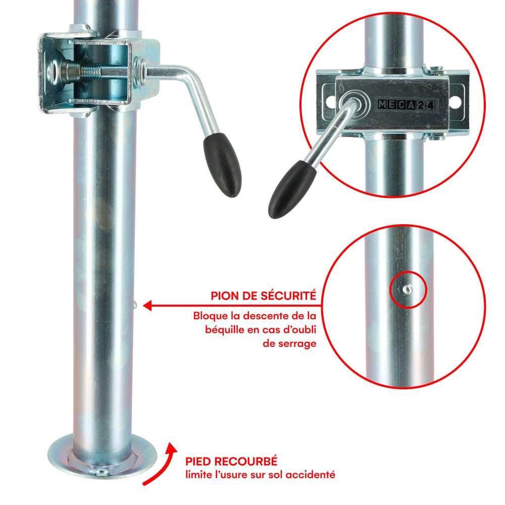 Béquilles de support pour remorque x2 + brides de fixation x2 - Hauteur 700mm - Dia 48mm - Acier galvanisé - Pied stabilisation
