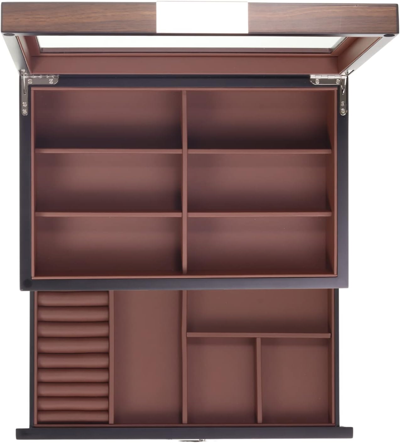 Multi-Purpose Drawer, Sunglasses and Jewelry Box Wooden Storage Organizer with Saddle Brown Leather (Coffee Lover)