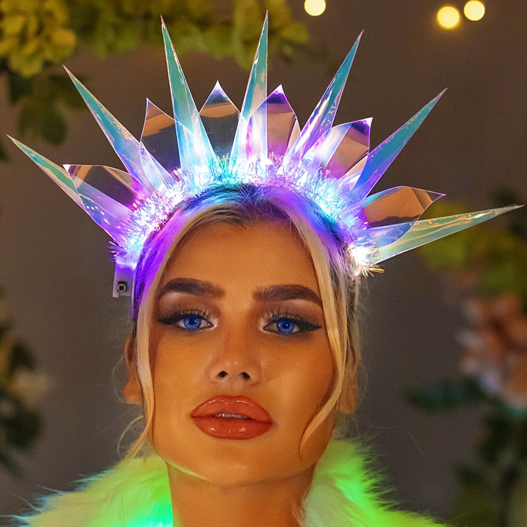 Zoestar Light Up Headbands LED Goddess of Liberty Crown Headband Glowing Nightclub Hair Band Party Rave Hair Accessories for Women and Girls - Image 3