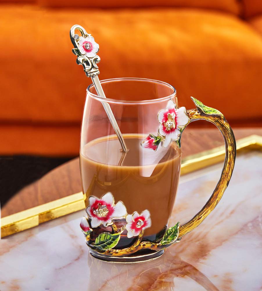 Produktbild von PPEA Emaille Sonnenblume Teetasse Mit Löffel - Bleifreies Glas 320ml