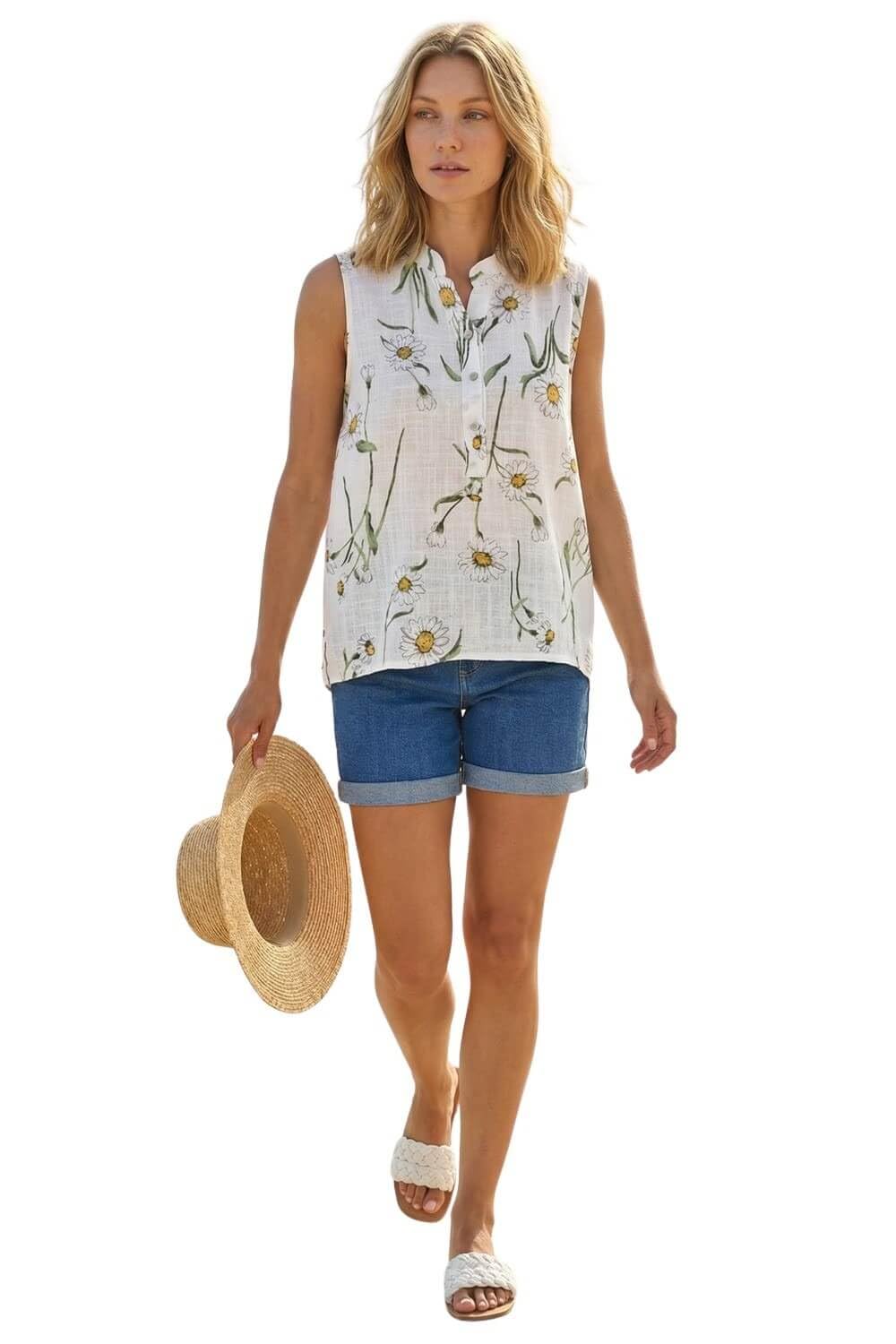 Roman Originals Women's Ivory Daisy Print V-Neck Vest For Uk - Everyday Holiday Spring Summer V-Neckline Comfy Soft Evening Vacation Work Party - Size L