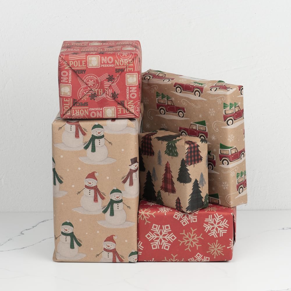 JAM Paper Geschenkpapier, Weihnachtsgeschenkpapier, Kraftpapier, insgesamt 125 m², 5 Rollen/Packung