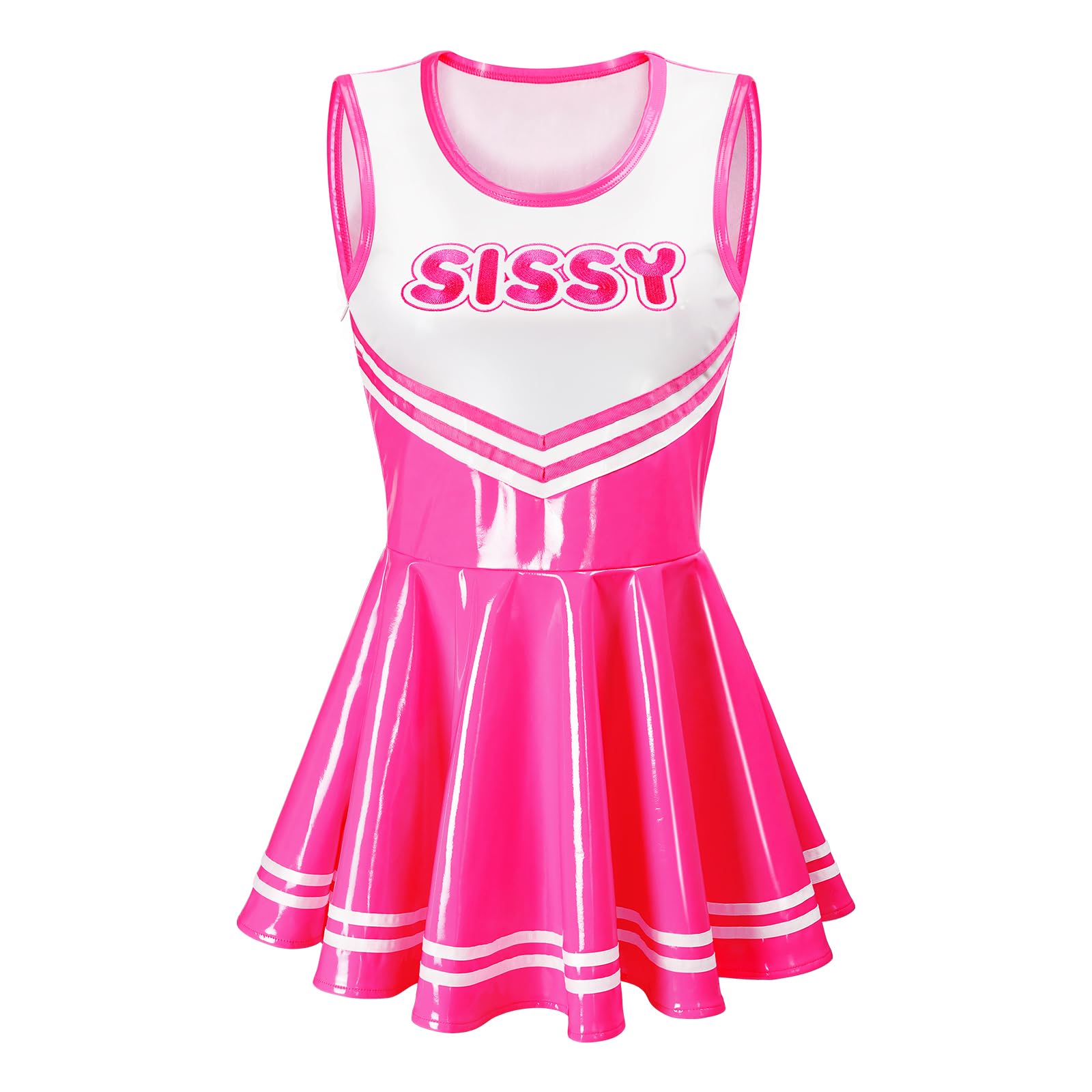 Littleforbig Women Sleeveless Overall Cheer Sissy Bodycon Mini Dress Skirt: Faux Leather Hot Pink X-Large
