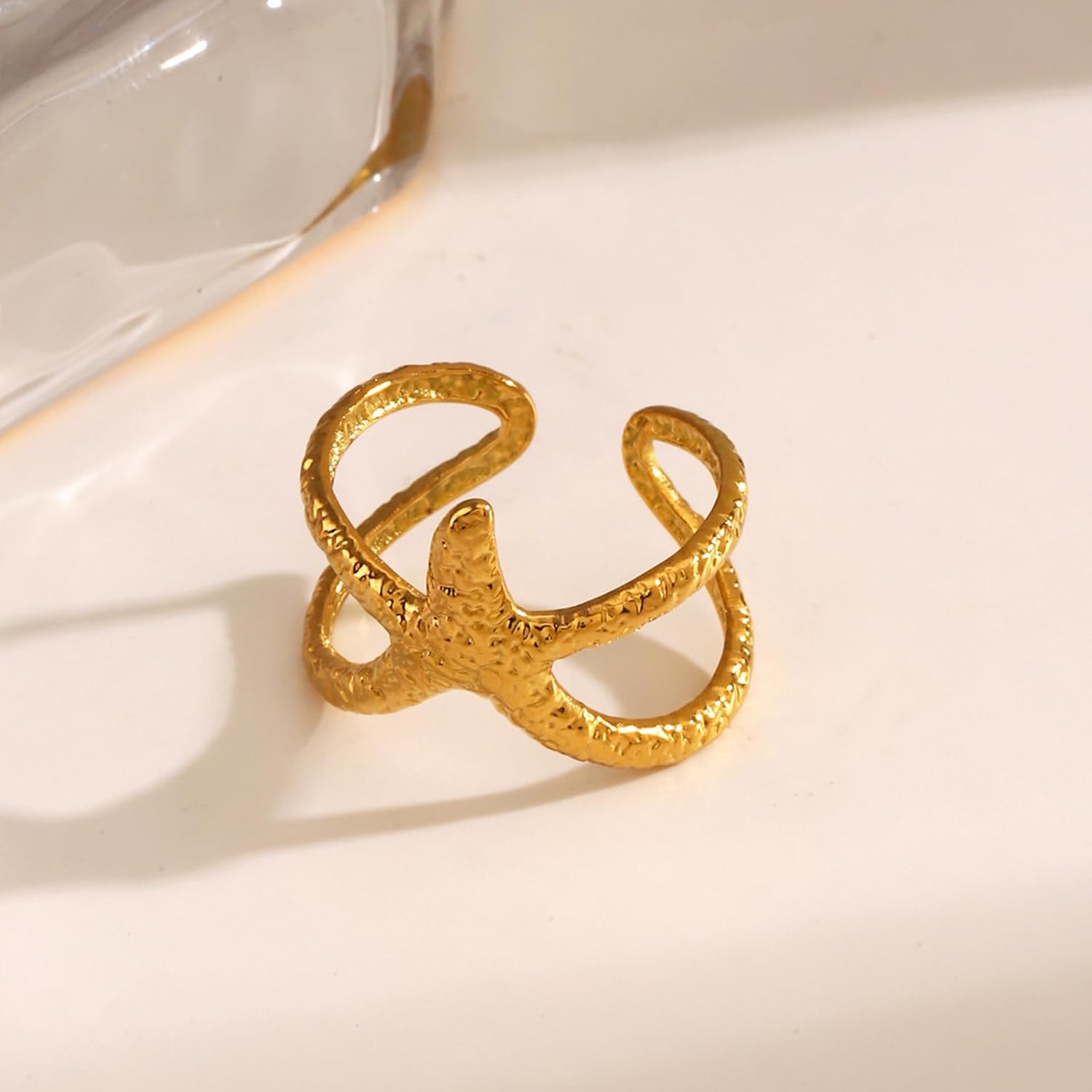 Nojess Starfish Statement Ring For Women Stainless Steel Seashell Rings Opening Adjustable Gold Silver Starfish Ring Irregular Beach Rings Summer Beachy Ocean Jewelry Gift - Image 4