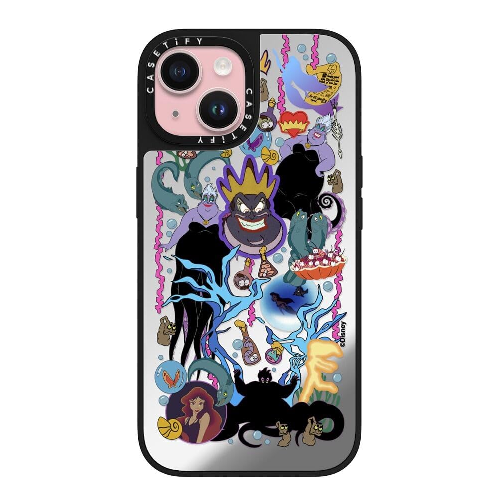 CASETiFY Funda para iPhone 15, espejo compatible con MagSafe | Disney Villains CoLab | Reflectante | Protección contra caídas de 5 pies | Funda adhesiva Liar - Ursula | Plata sobre negro