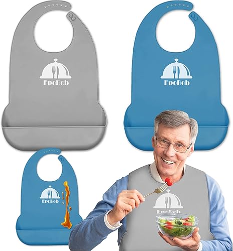 EpoBob Paquete de 2 baberos de silicona para adultos con recogedor de migas, baberos lavables y ajustables para adultos mayores, hombres, mujeres y