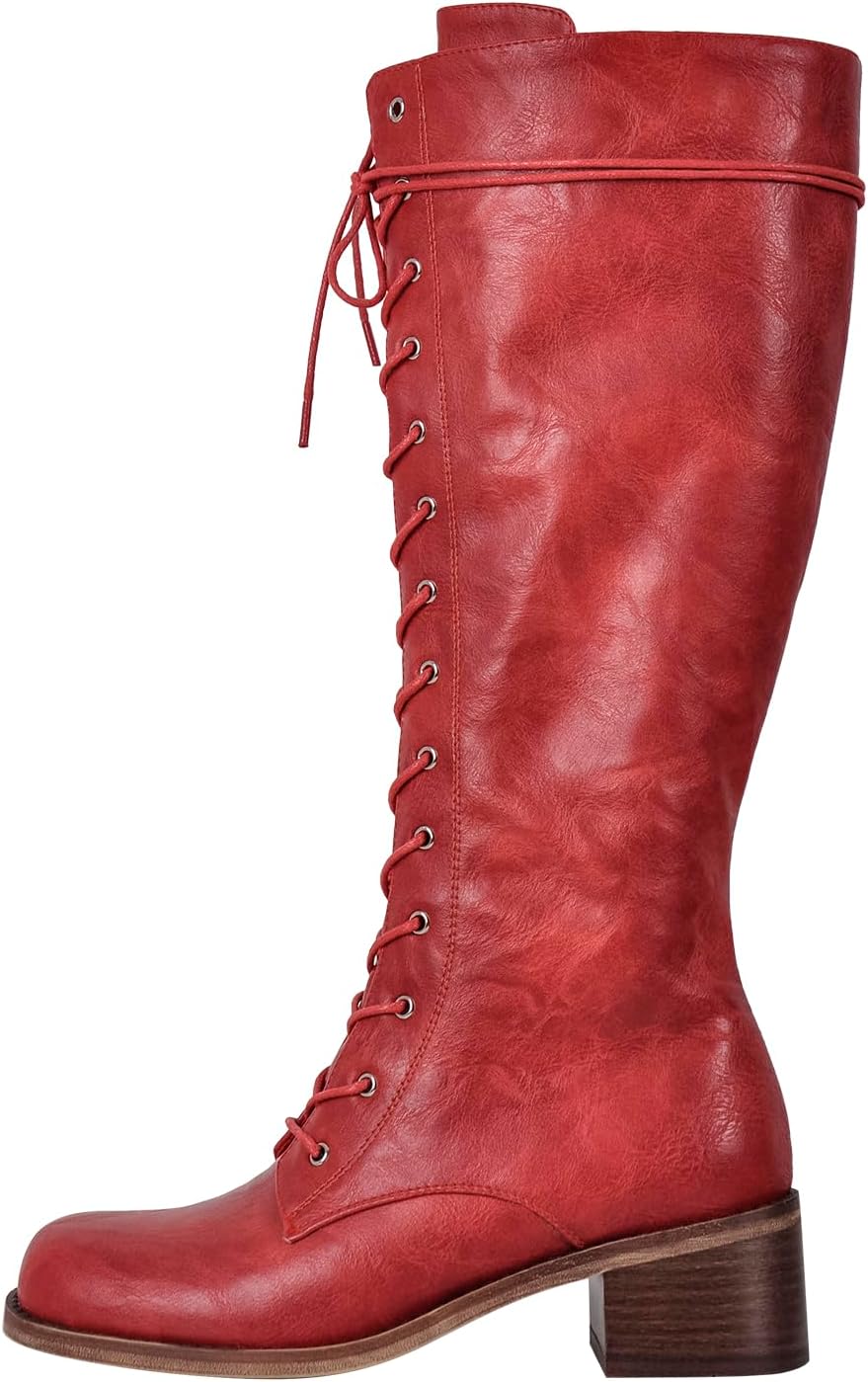 richealnini Women's Riding Boots Lace Up Knee High Boots with Zippers Side Zip Up Low Block Heels Straps