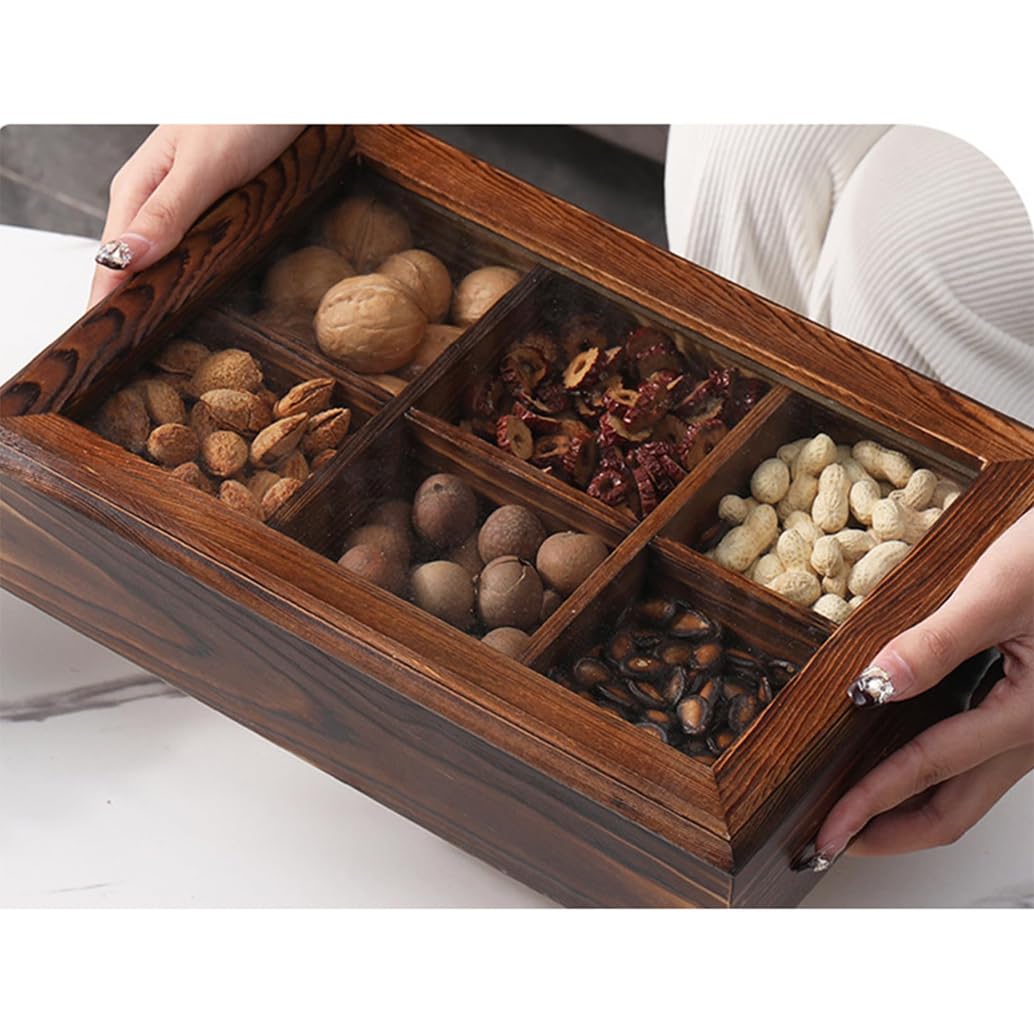 Vassoio per Frutta secca in Legno di Noce con Coperchio Trasparente, Vassoio per Cibo con Griglie da Pranzo, Vassoio per Piatti per Dessert, Frutta, Verdura, per Feste, cene in Famiglia 4 (6)