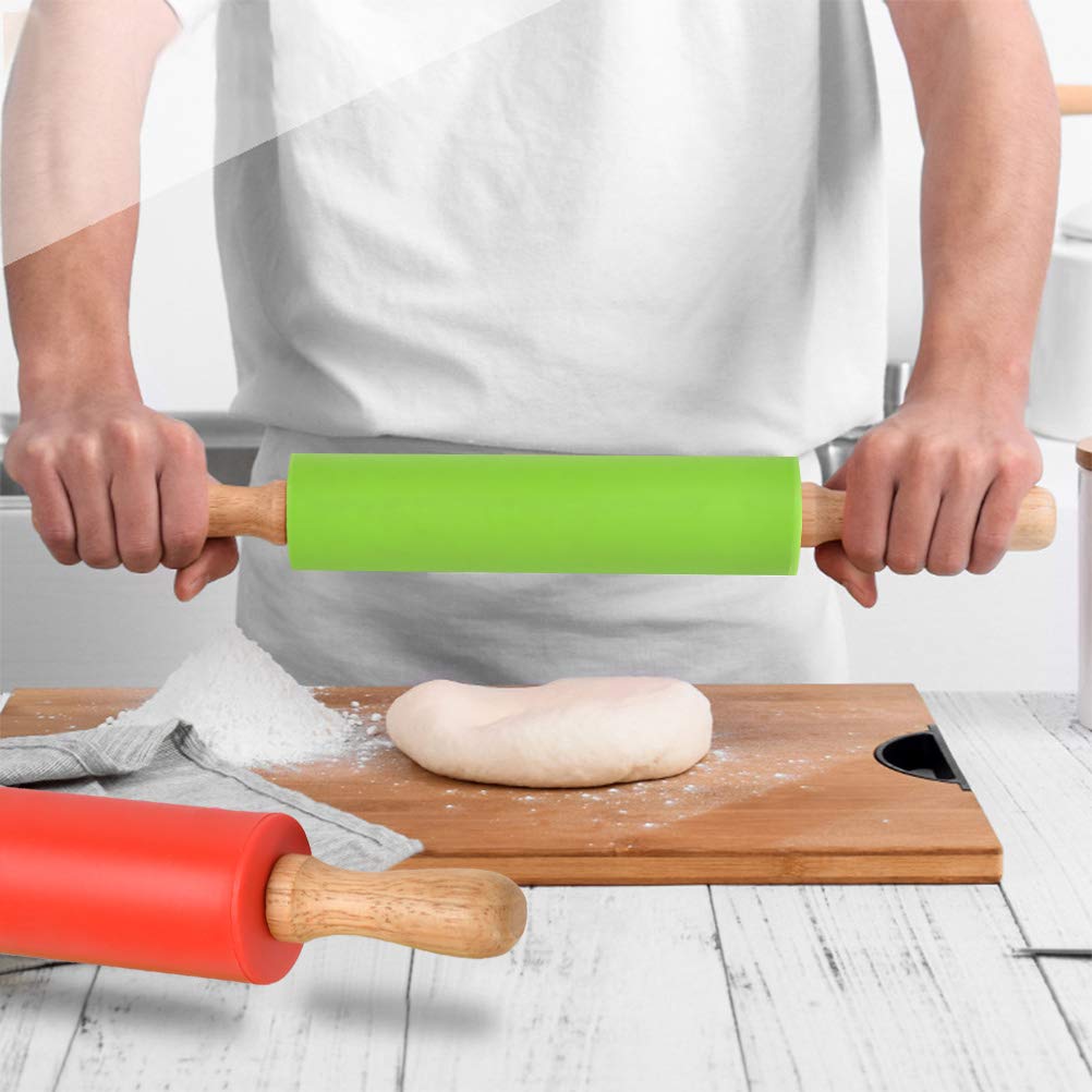 sourcing map Mattarello in silicone per cottura da 22,9 cm, con manico in legno, antiaderente, mattarello piccolo rullo per impasto, pizza, pasticceria, fondente, cucina, verde chiaro e rosa