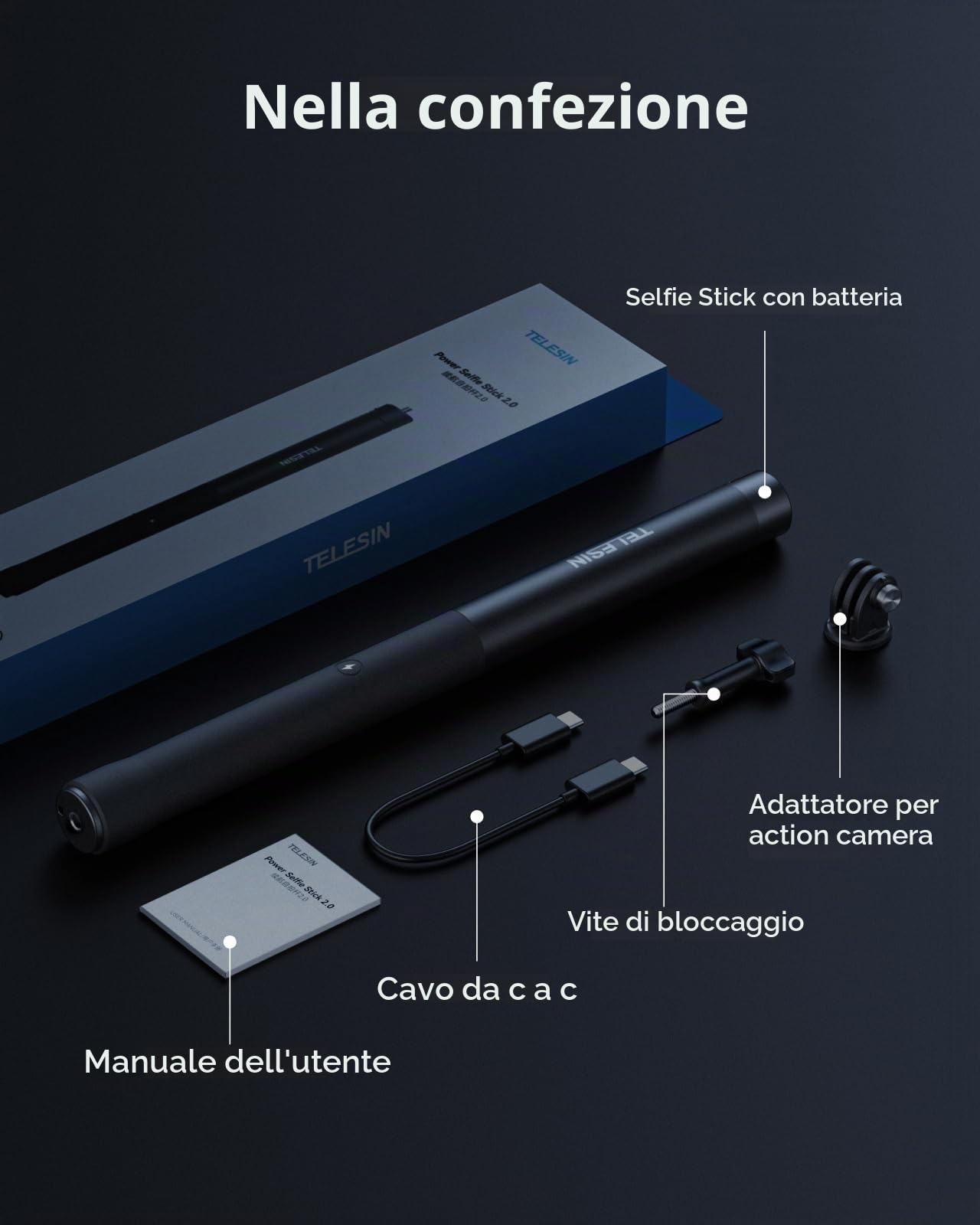 TELESIN 102 cm Ricaricabile Selfie Stick Estensione Monopiede con maniglia di ricarica 5000 mAh Power Bank Maniglia di ricarica per GoPro 13-9 Insta360 DJI Osmo Action 6 5 Pro 4 3 & iPhone & Android
