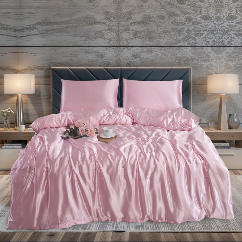 WEAVERS: Luxurious 3-Piece Silky Satin Duvet Cover Set. Reversible Zippered Duvet Cover with a Pair of Pillowcases. (Size King, Colour Baby-Pink)