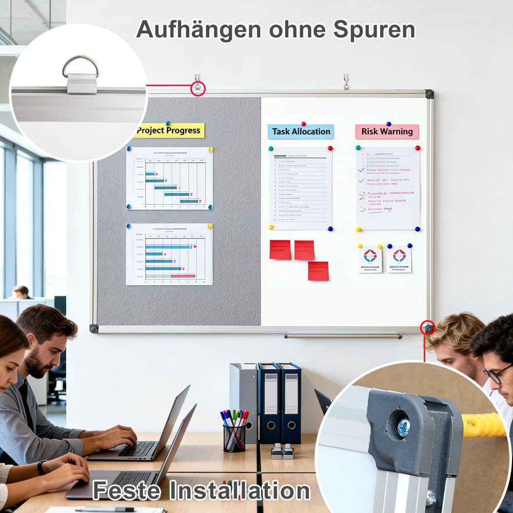 XIWODE Whiteboard Magnetisch & Pinnwand Filz - 2in1 Kombitafel: Magnettafel 90x60, Weiße Abwischbare Magnetwand, Graue Filzwand inkl. Zubehör zum Aufhängen an der Wand für Zuhause, Büro, Schule