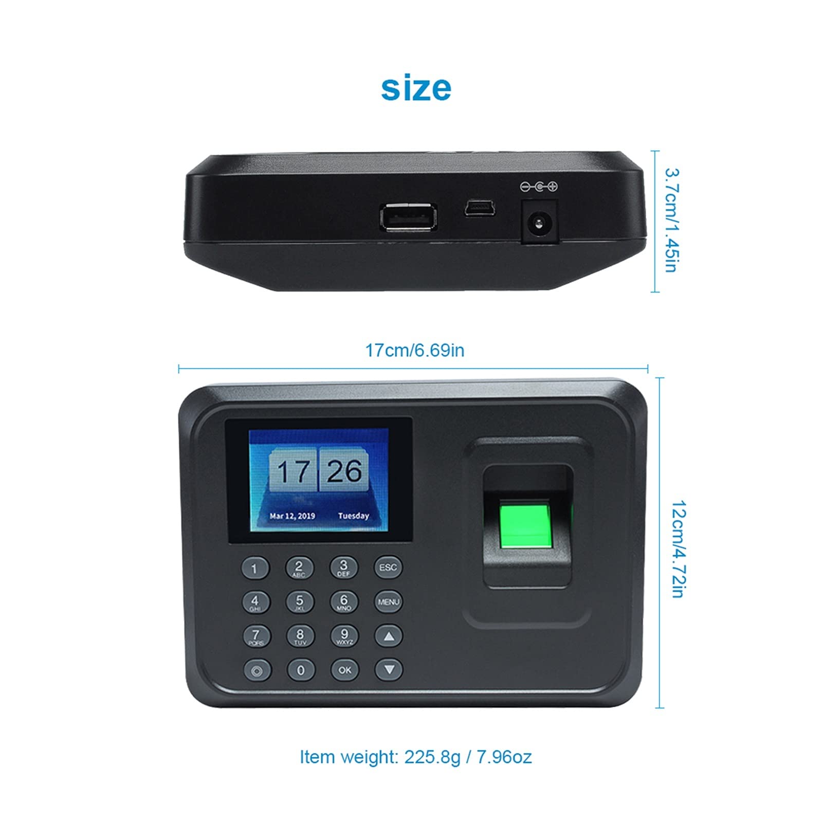 Rejestracja czasu pracy maszyn dla małych firm, A5 2.4in Biometryczny odcisk palca System System Clock Recorder Office Nagrywanie urządzenia Elektroniczna(Nero)