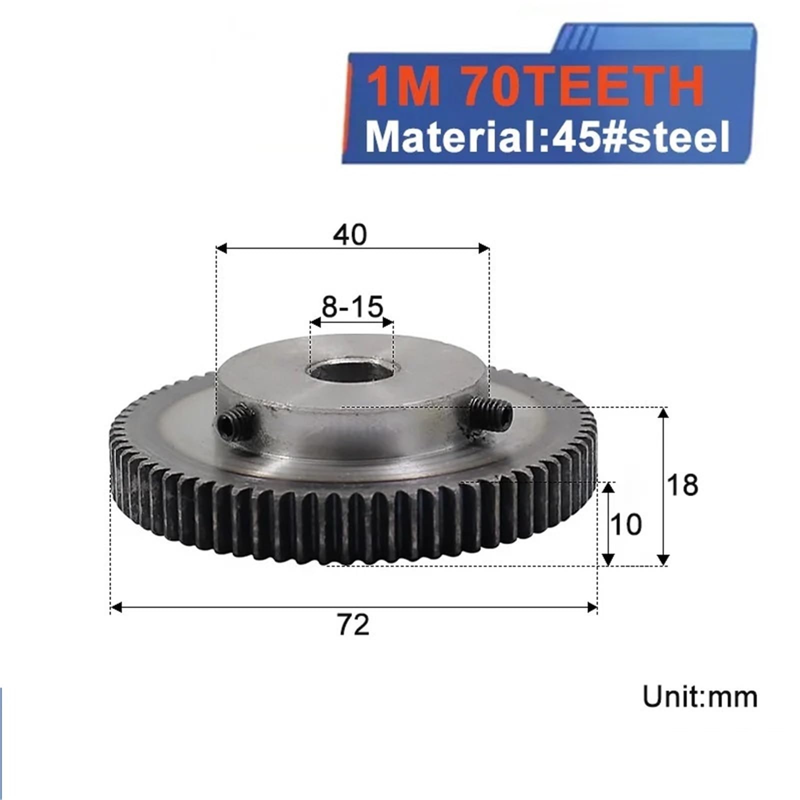 Ruota dentata 70T in Metallo 45#Acciaio RC Pignone Puleggia 8/10/12/14/15 mm Foro Interno 1 Stampo 18 Denti Sperone(1M70T hole10,2PCS 1M70T)