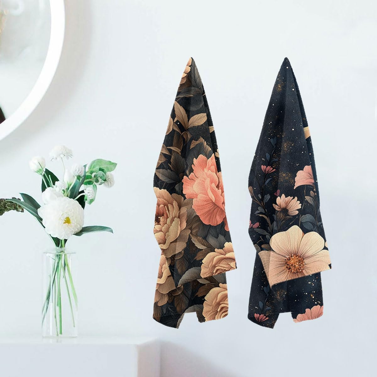 Flowers Bath Hand Towels Set of 2 Absorbent Retro Fantasy Moon Stars Gothic Flowers Bathroom Kitchen Towels Set of 2 Lightweight Breathable Face Towels for Bathroom Gym Hotel 14"x28" - Image 5