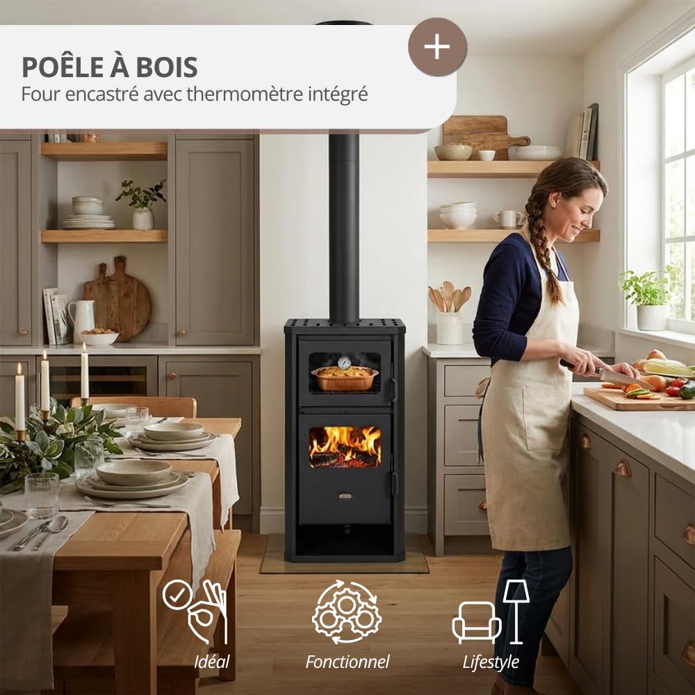 Prity FM D Poêle à bois avec four et manteau d'eau | Chauffage central | Réchaud de ferme | Certifié CE | Poêle à bois