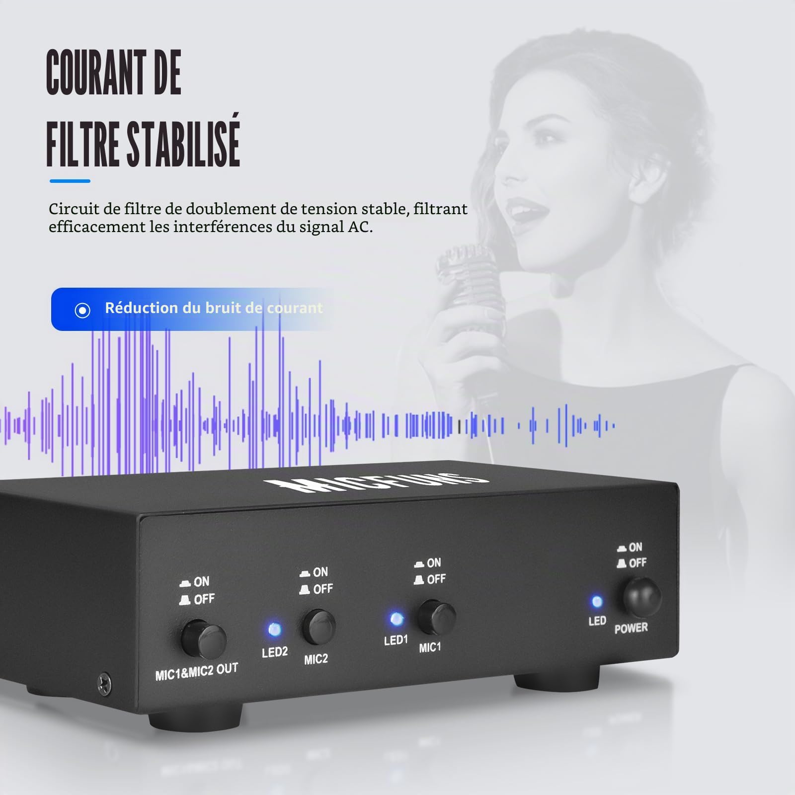 MC2 Alimentation fantôme 2 canaux 48 V avec câble audio 3,5 mm pour connecter une interface audio pour microphones à condensateur et appareils d'enregistrement de musique (2 canaux)