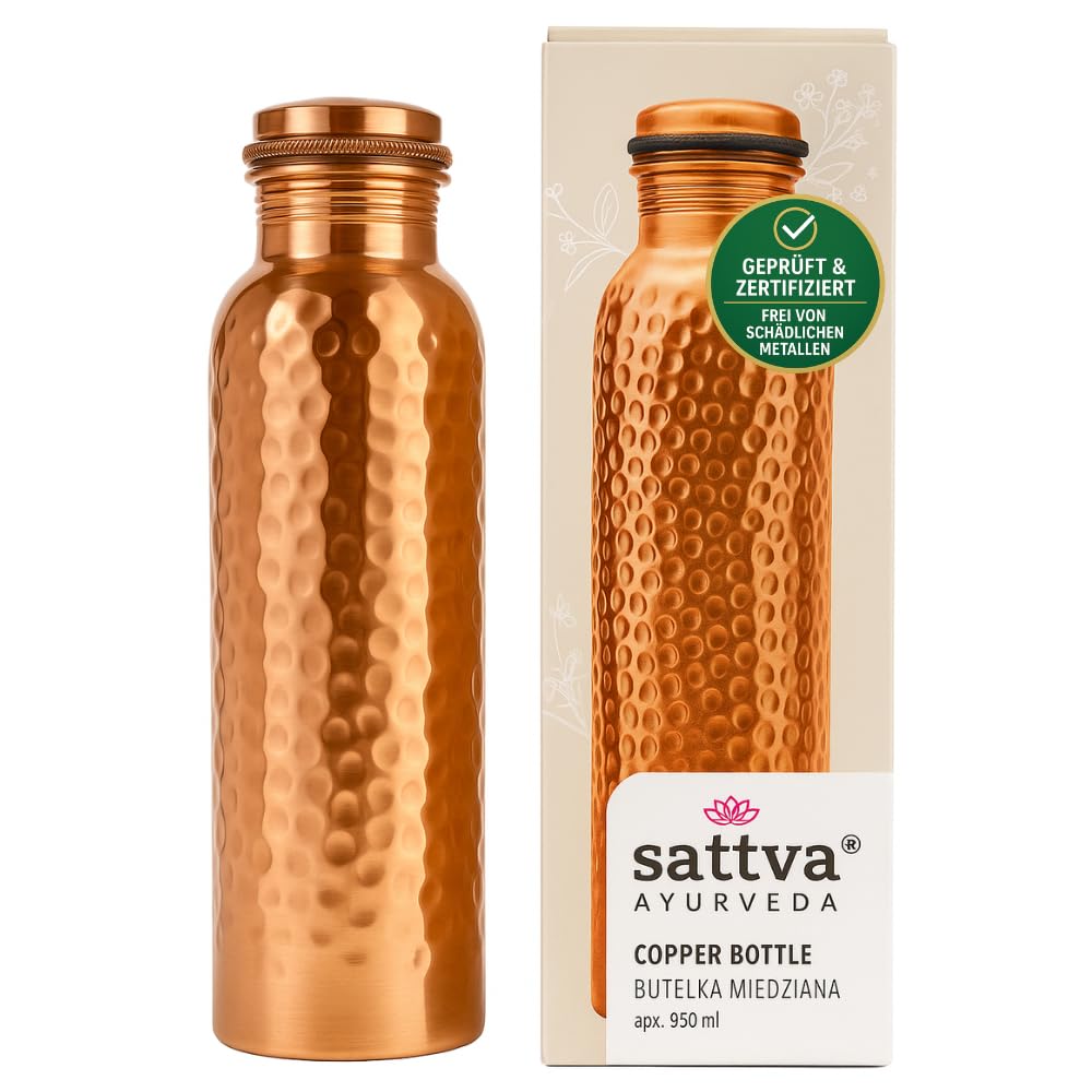 Sattva Ayurveda miedziana butelka na wodę 950ml – Czysta miedź – Ayurwedyjska butelka na wodę do detoksu – Premium młotkowany design – Ręcznie robiona, bez wycieku i bez plastiku (młotkowana, 950