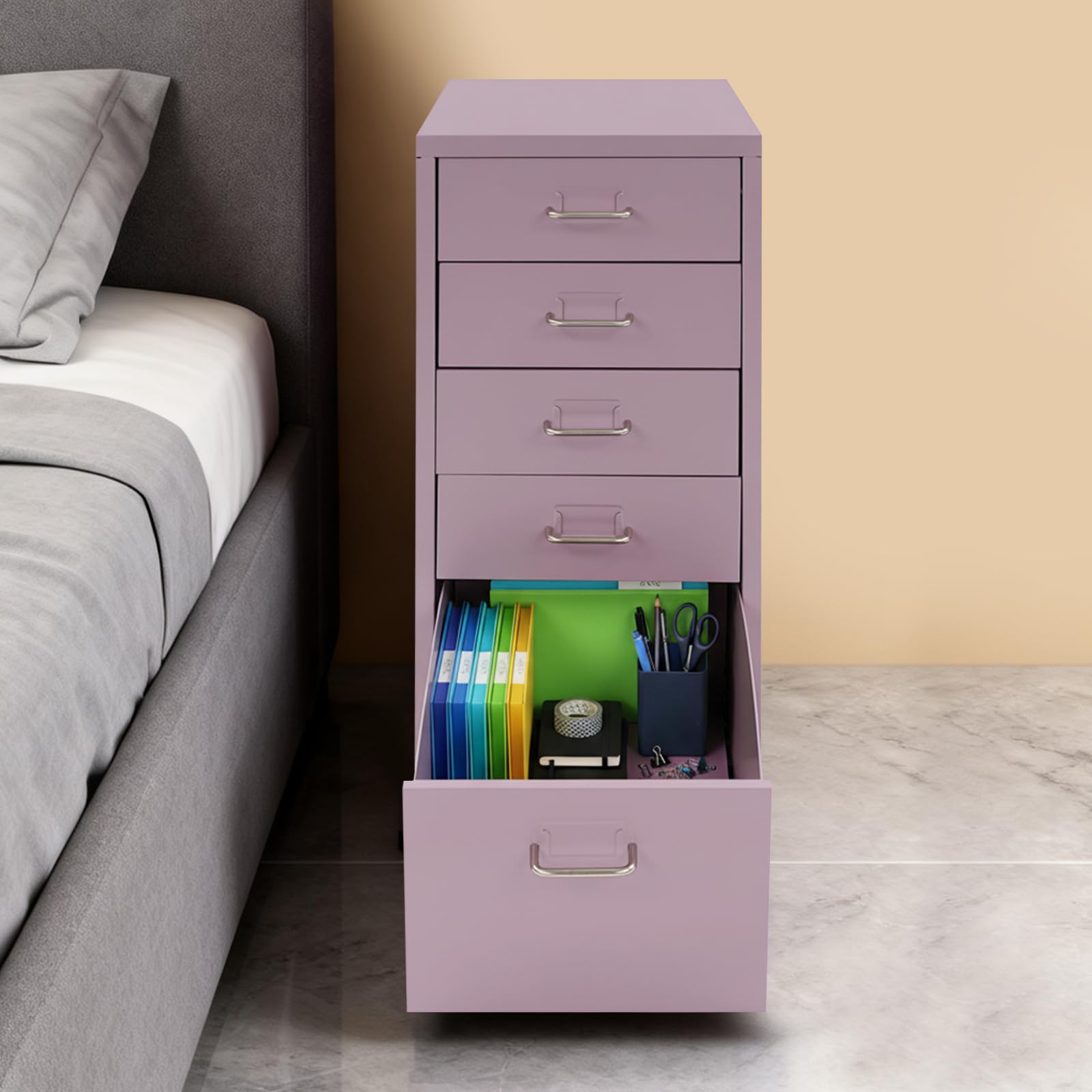 Armadietto mobile con 5 cassetti, contenitore arrotolabile in acciaio, con ruote, portata elevata 50 kg, armadietto in metallo salvaspazio per ufficio e home office