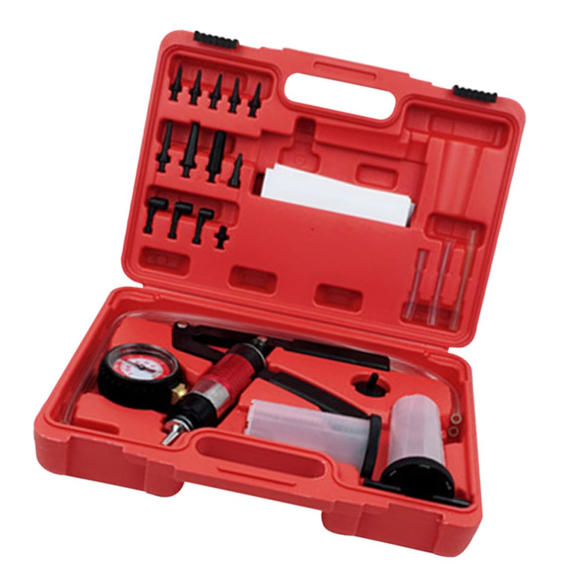 Kit Pompa Sottovuoto Manuale per Spurgo Freni Manometro Rosso | Lega, Serbatoio e Adattatore Inclusi, per Linee Carburante e Sistemi a Vuoto, Uso Officina