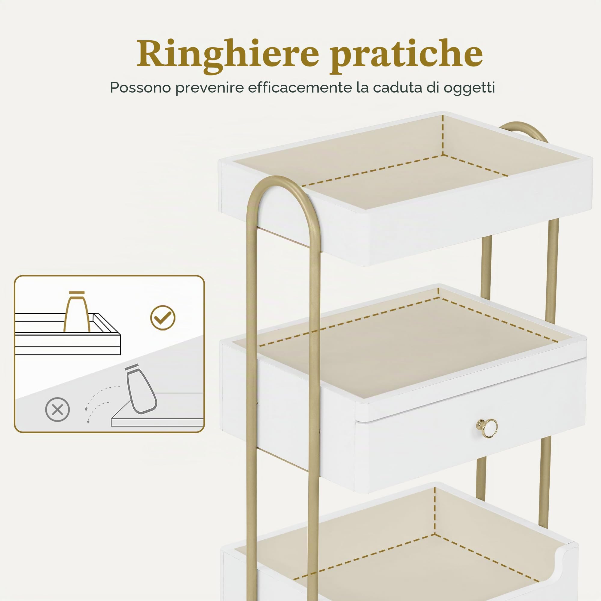 Barberpub Carrello da portata con ruote e cassetto, carrello da parrucchiere, carrello da salone con 3 ripiani, moderno per bagno, soggiorno, 37 x 51 x 87 cm, 0093