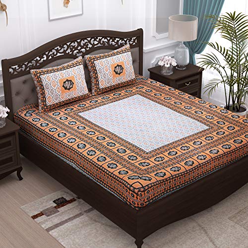 Image of Story@Home Pandora Collection 152 TC 100% Cotton Bedsheet for Double Bed with 2 Pillow Covers (90 X 108 Inch, Orange & Brown)