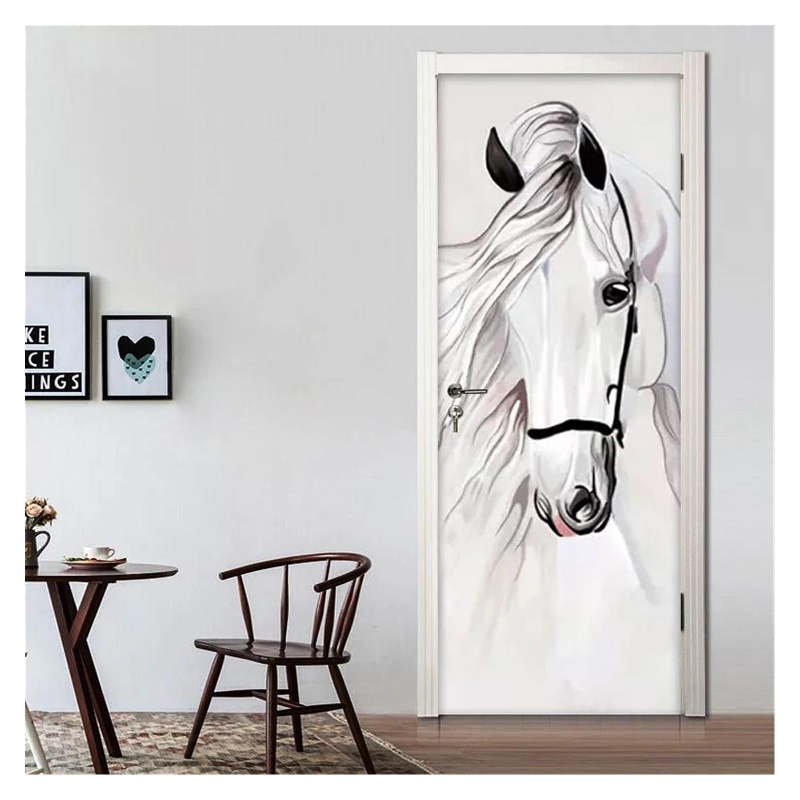 Autocollants de porte 3D cheval blanc trompe-l'œil mural lavable