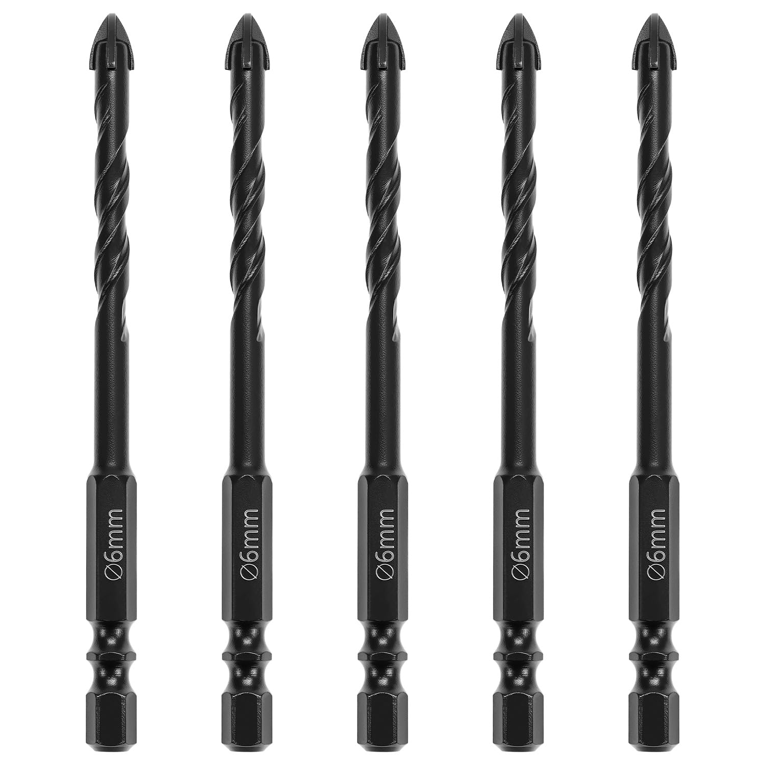 QWORK® Juego de 5 Brocas Porcelanico de 6mm – Punta de Carburo de Tungsteno Reforzada para Azulejos, Vidrio, Ladrillo y Madera – Vástago Hexagonal de 1/4", Negro