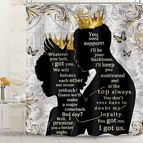 Omifly African American Women Men Shower Curtain 60Wx72H Inch Afro Black Queen King Luxury Gold Crown Inspirational Quotes Butterfly with 12 Plastic Hooks Fabric Waterproof Toilet Accessories Decor Cover
