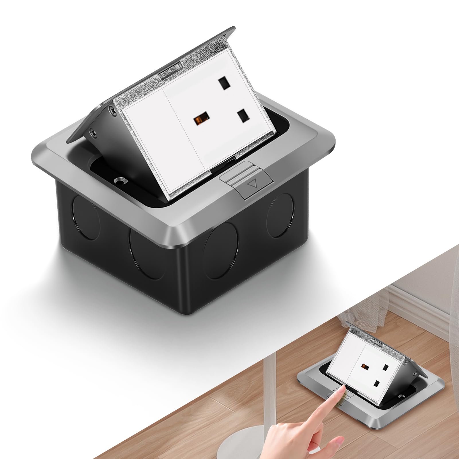 Pop Up Floor Socket Box with Waterproof Cover, Recessed Tabletop Power Outlet for Office Kitchen Restaurant, Customisable with 2 USB/USB-C/RJ45/Blank Ports (13A-Receptacle, Silver)