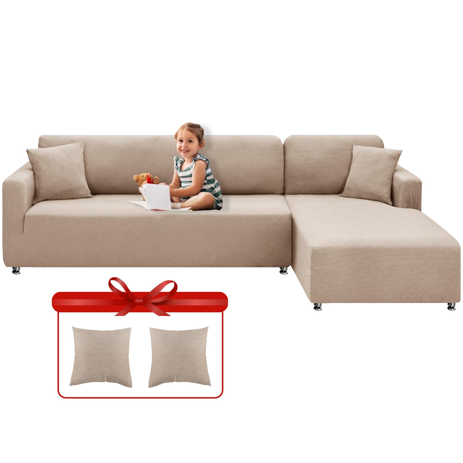 Sectional Couch Covers High Stretch 2 Pieces L Shape Sofa Cover with 2pcs Pillowcases Corner Couch slipcovers Chaise Cover with Elastic Bottom 3 Seats + 2 Seats (Khaki)