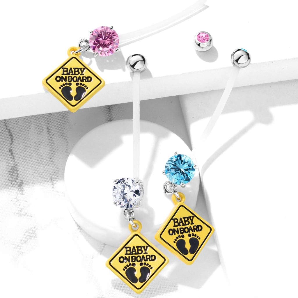 Pierced Owl - Double Jeweled Baby on Board Sign Dangle Pregnancy Maternity Bioflex Belly Button Ring Retainer