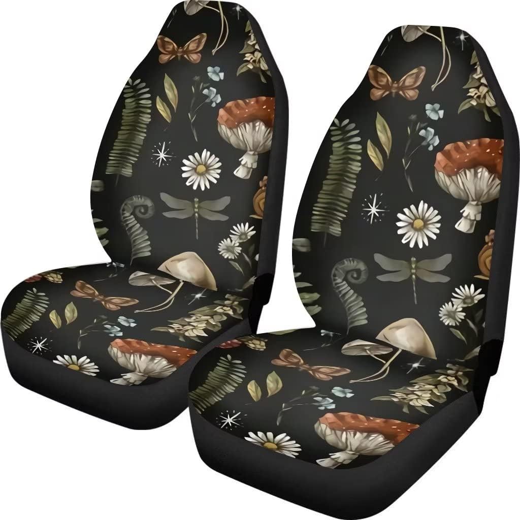 Mushroom Car Seat Covers,2 Pcs,Daisy Dragonfly Butterflies Mushroom Auto Seat Cover Pad for Front,Universal Elastic Vehicle Seats Cushion Automotive Interior Protection Accessories for Women