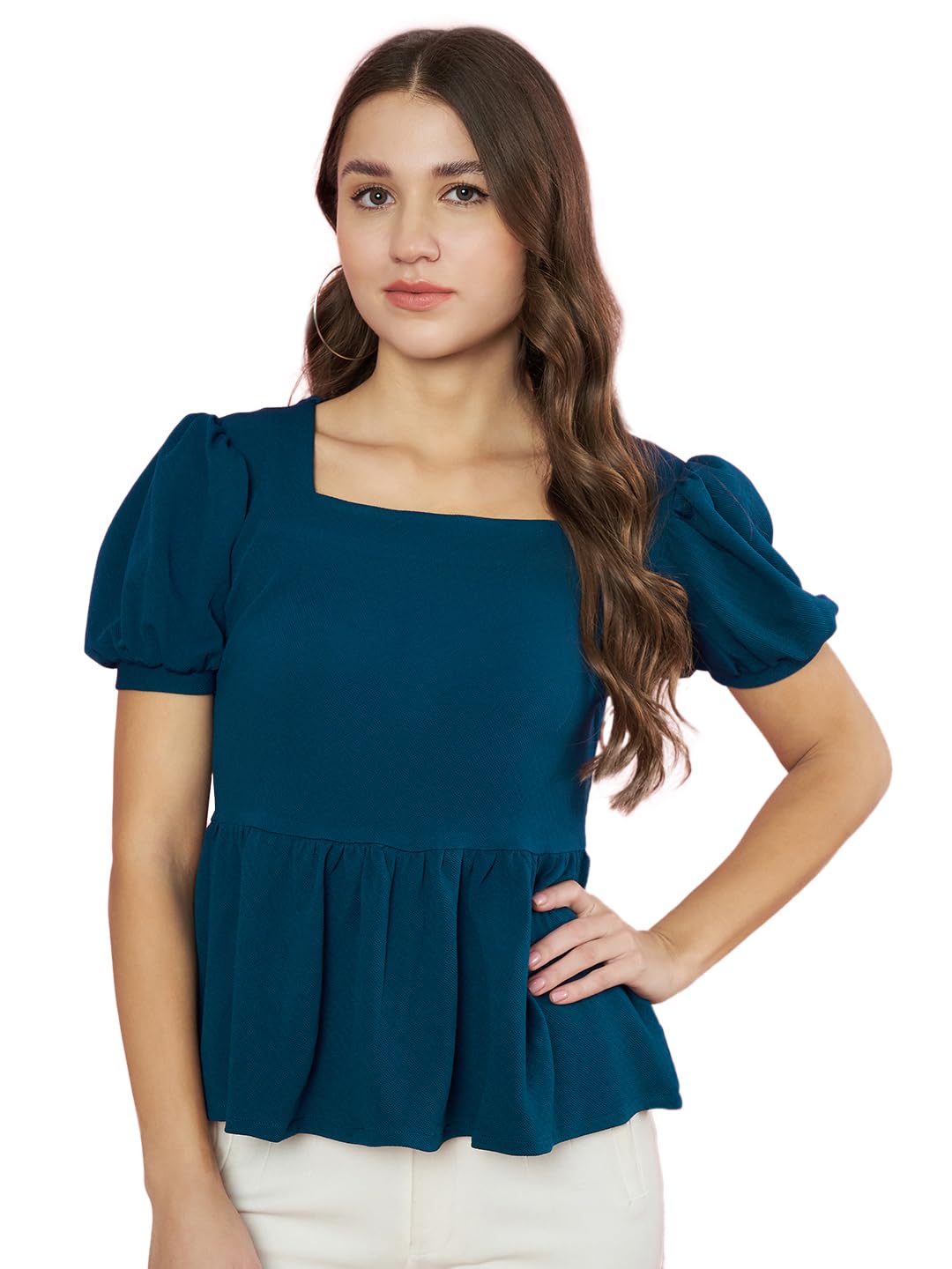 Women Teal Knit Fabric Peplum Top