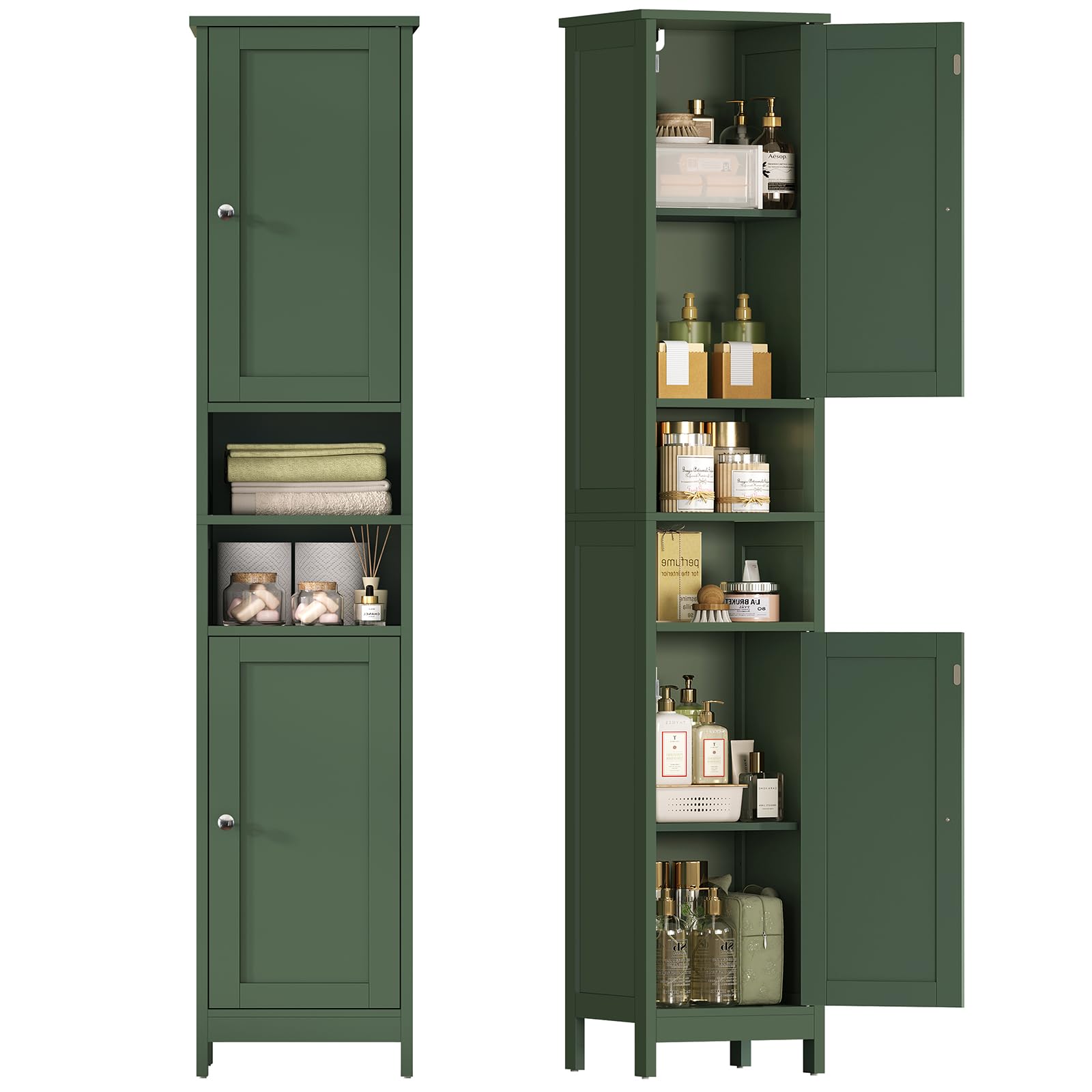 Photo 1 of ***MISSING HARDWARE AND INSTRUCTIONS****TEENFON 67" Tall Bathroom Cabinet with Adjustable Shelves and Doors, Narrow Bathroom Storage Cabinet for Small Space, Living Room, Entryway, Kitchen, Green