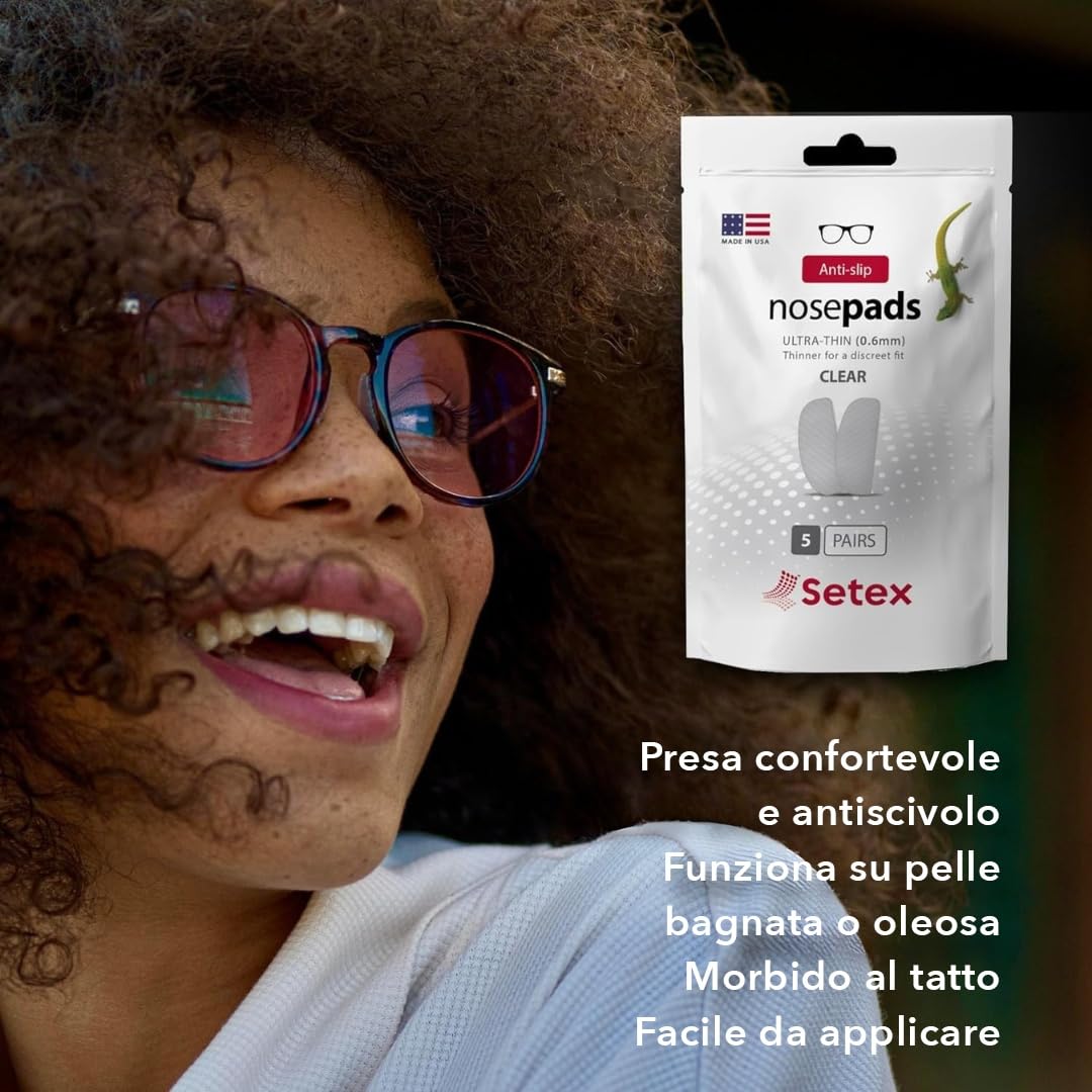 Setex Gecko Grip Naselli Antiscivolo per Occhiali (5 paia trasparenti) - Ultra-Sottile 0,6mm - Fibre Microstrutturate - Presa Ultra Forte e Adesivo Ultra Morbido - 0,6 x 7 x 16mm