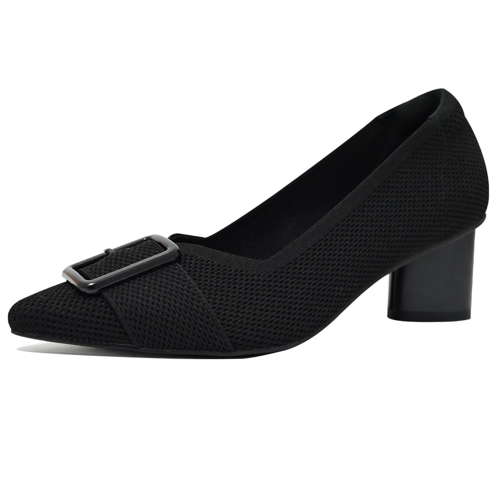 SICARE Pointed Toe Chunky Heels for Women Closed Toe Block Heel Pumps Buckle Strap Stretchy Knit Heeled Pump Dress Shoes Comfortable Slip On for Work