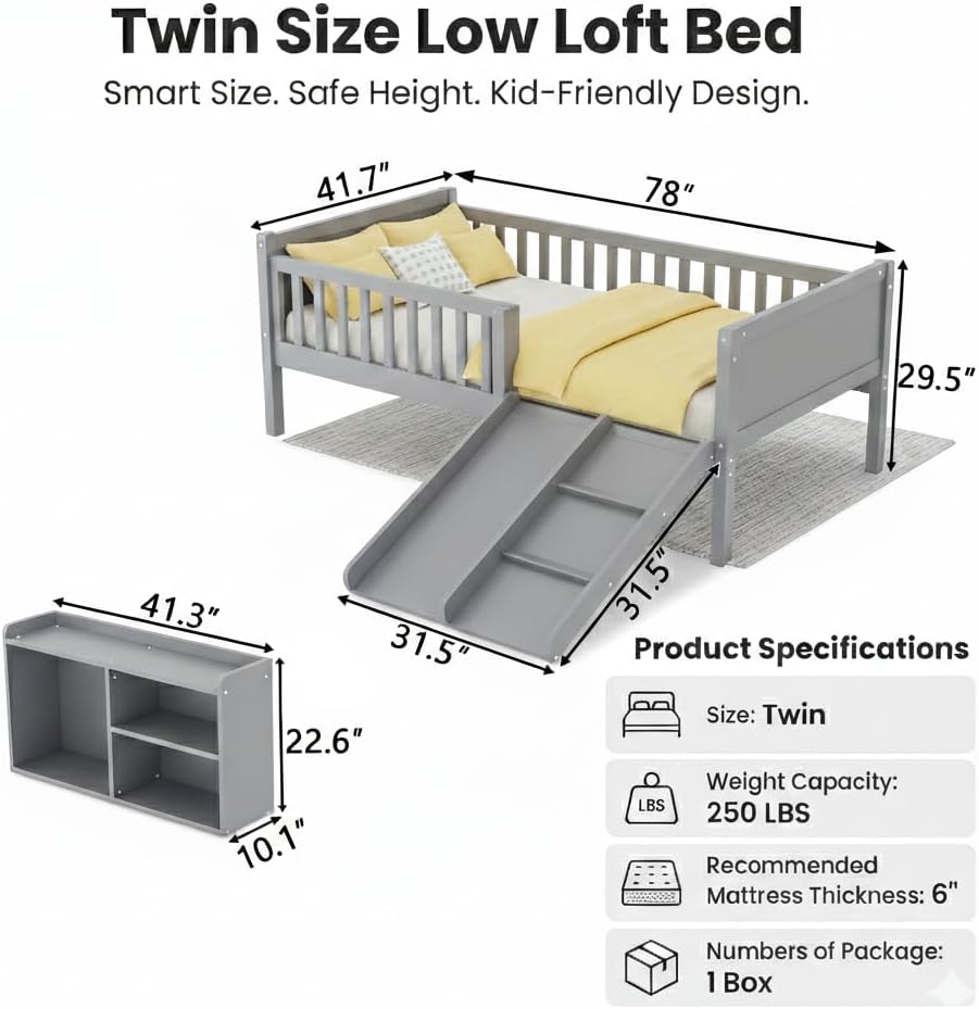 Twin Size Low Loft Bed with Slide & Ladder, Kids Loft Bed Frame with Movable Bookshelf Storage, Safety Guardrails, No Box Spring Needed, Easy Assembly (Grey)