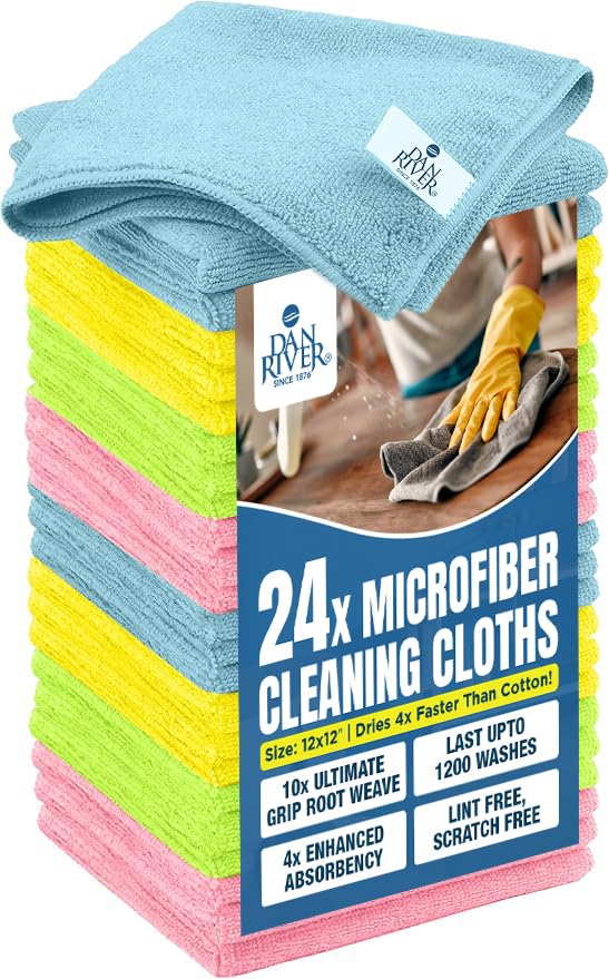DAN RIVER 24-Pack Microfiber Towels – Ultra Absorbent, Lint-Free &amp; Streak-Free Rags for Cleaning House, Car &amp; Kitchen - Must-Have Cleaning Essentials - 12" x 12" - Assorted